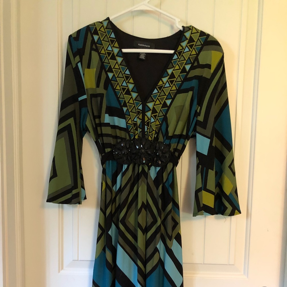 Blue and Green Pattern Long Sleeve Dress